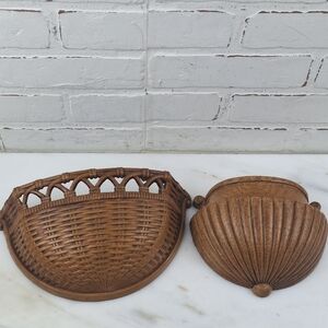 Set Of 2 Vtg Homco Faux Wicker Basket Syroco Weave Wall Pocket Planters
